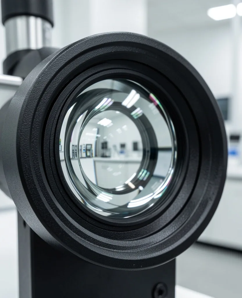 Precision lens on steel surface