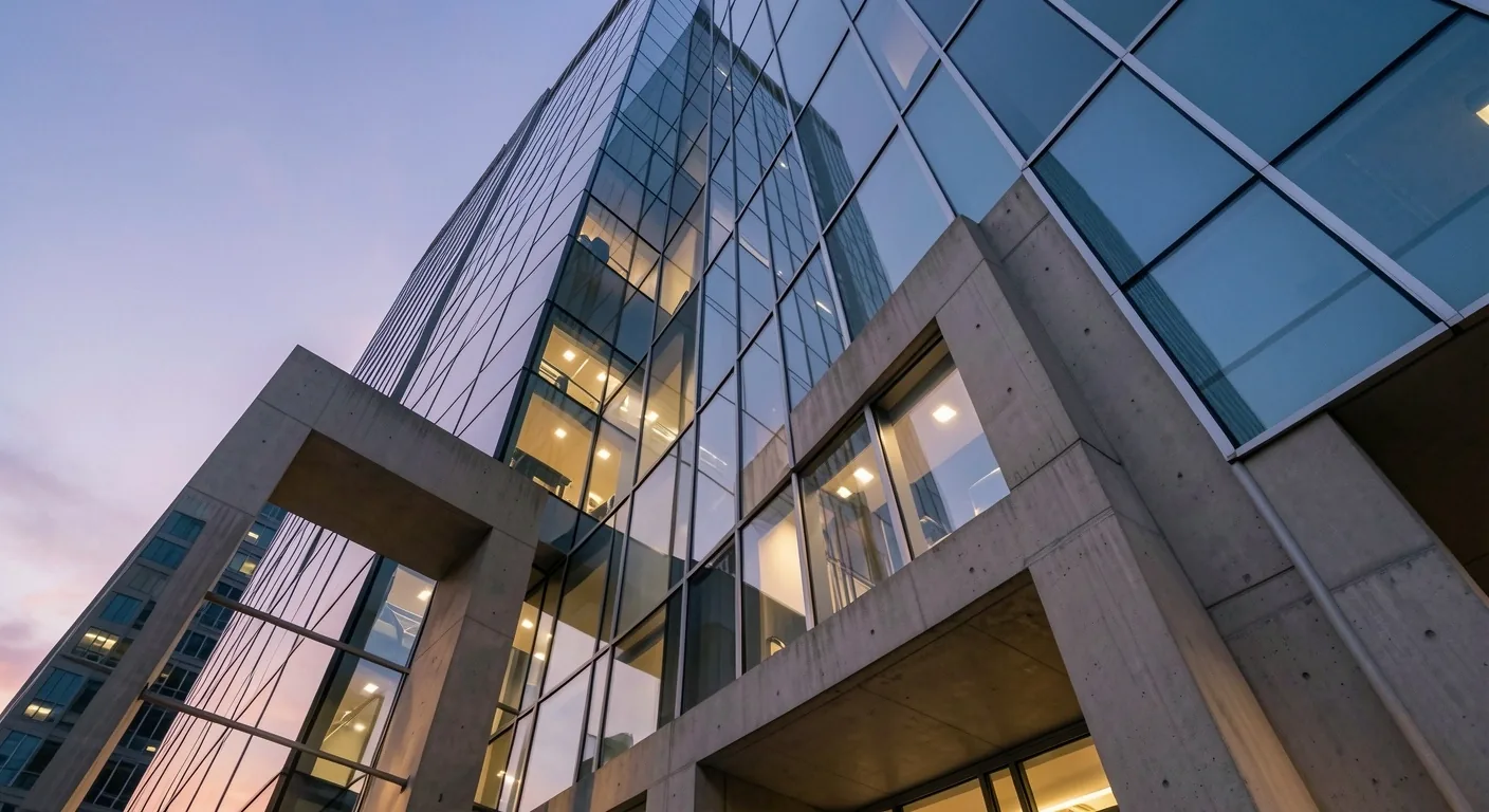 Architectural facade with sharp geometric lines at dusk